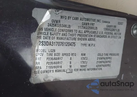 2007 Suzuki Xl7 Luxury из США, поврежденный, VIN 2S3DA317076120475